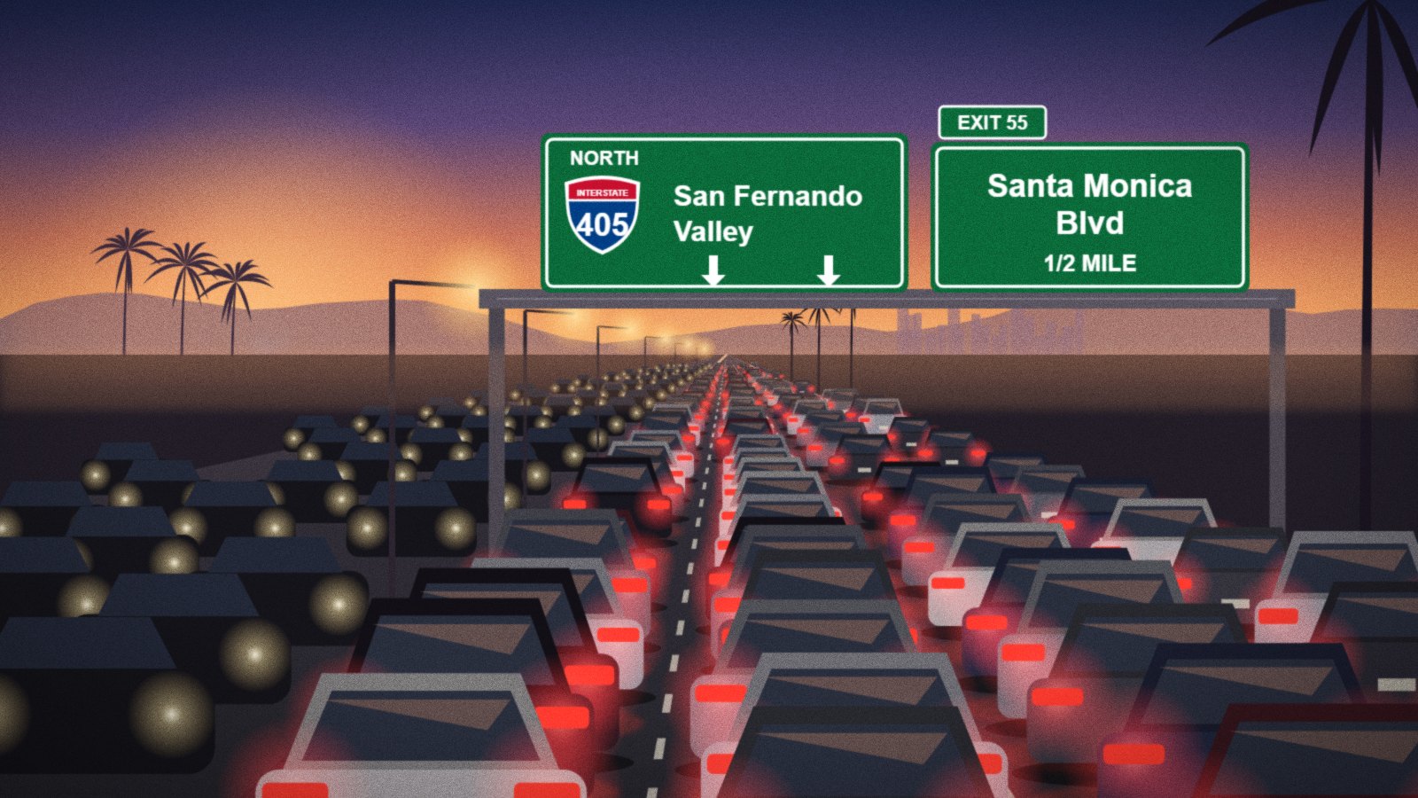 Evening traffic on a wide freeway under green overhead signs.