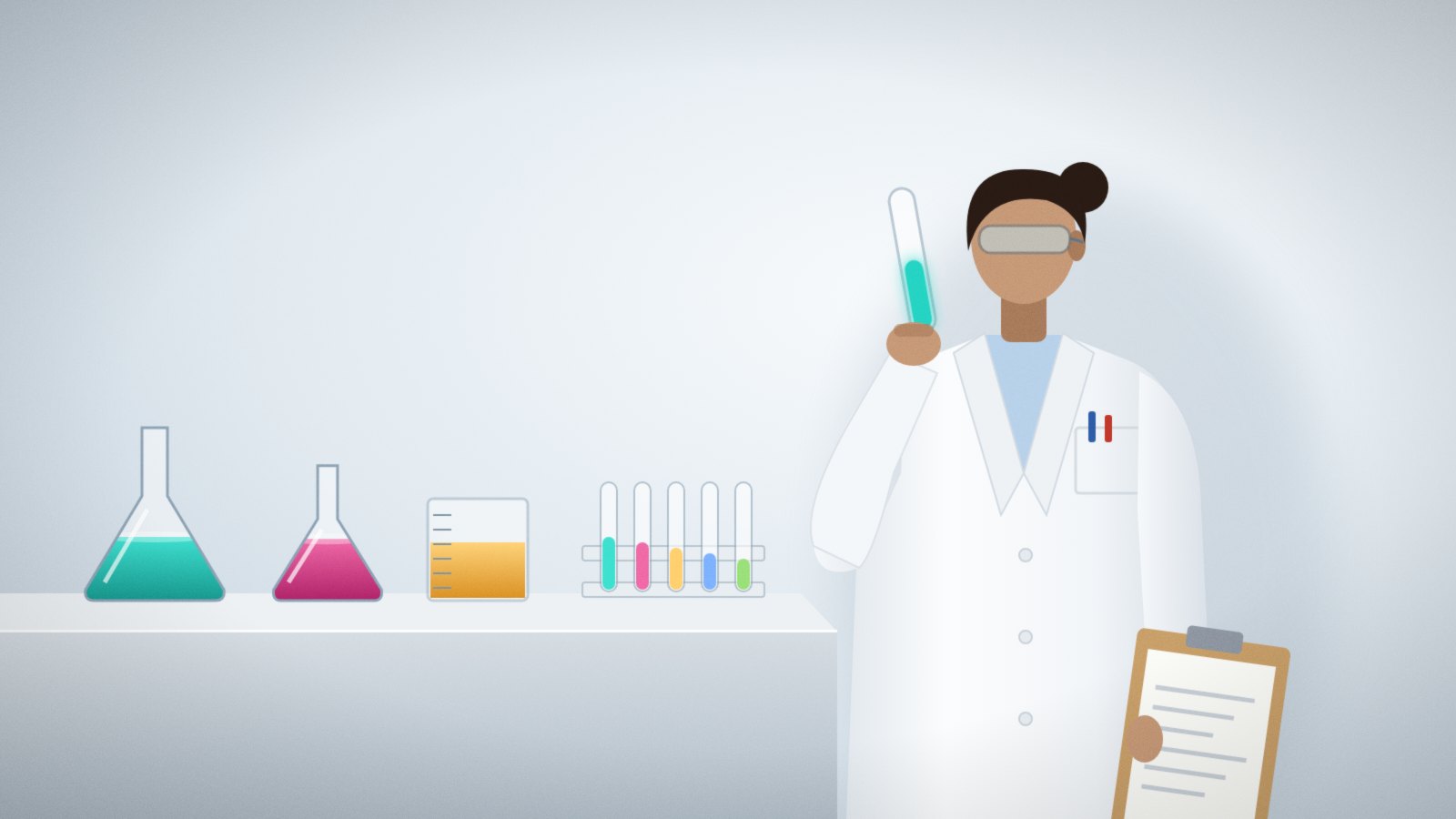A person in a white lab coat and goggles holding up a test tube.