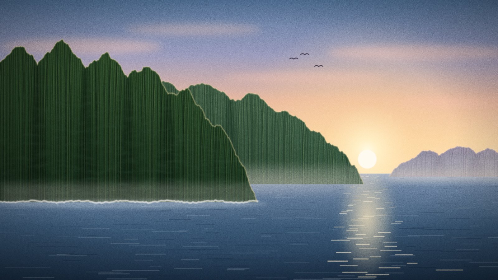 Steep green ridges above the ocean at dawn.