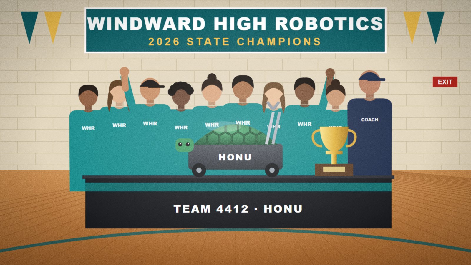 Students in team shirts behind their robot and a trophy in a school gym.